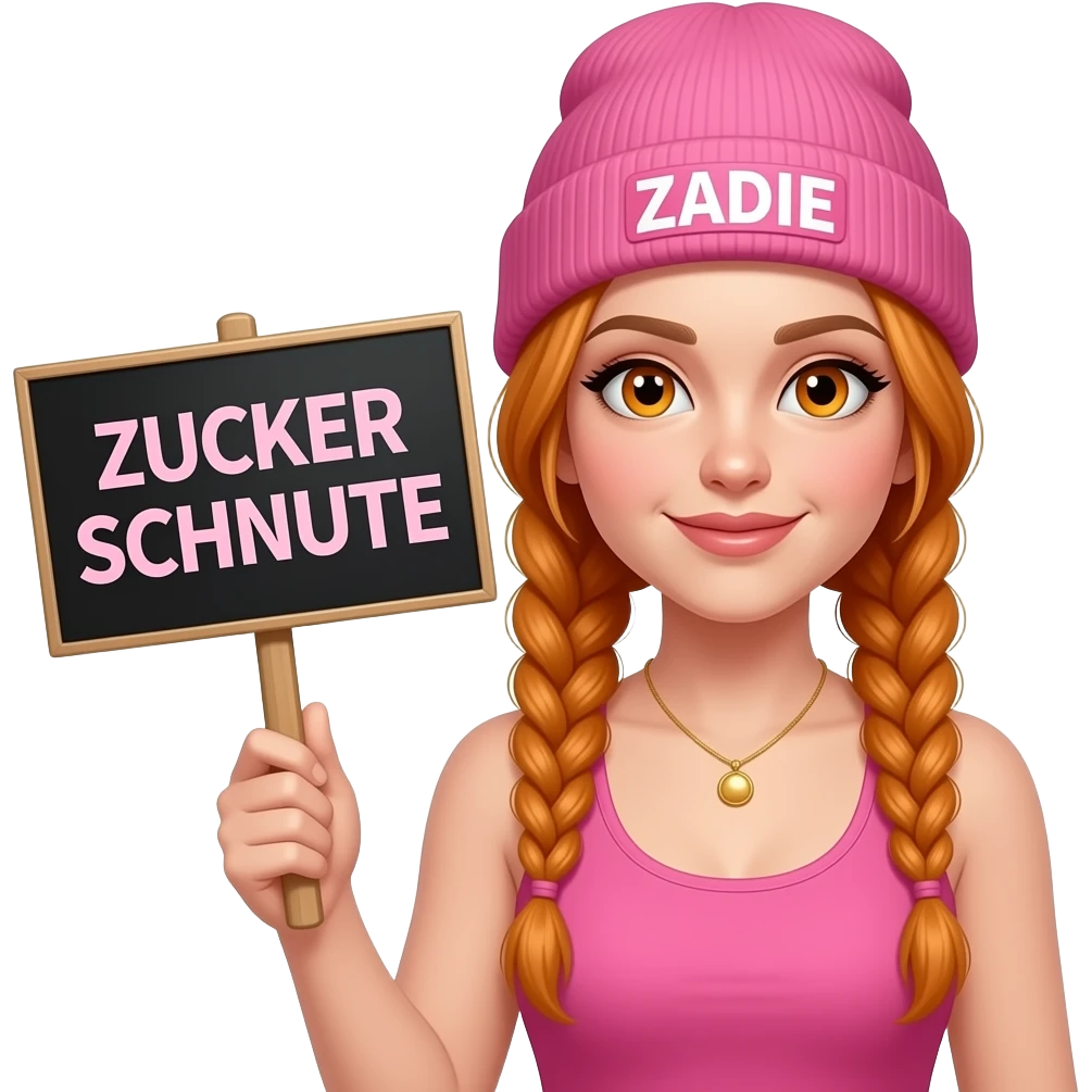 sexy girl with overlong ginger braids and ginger eyes wearing a pink tanktop and a pink beanie with ZADIE written on it, is holding a black sign with ZUCKER SCHNUTE written on it emoji