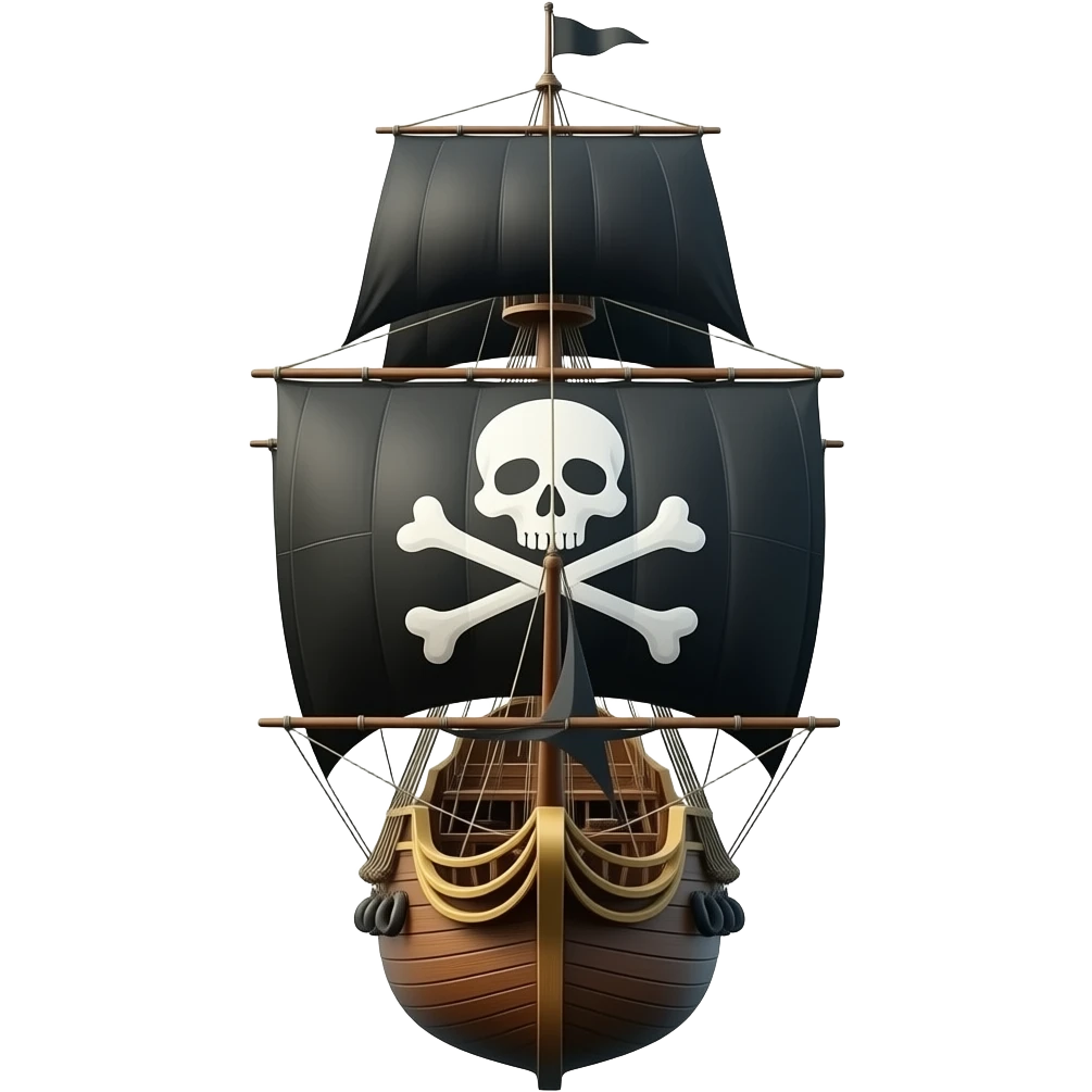 an ancient pirate ship with black sails with white skull and cross bones, facing forward toward viewer, highly detailed, hyper real emoji