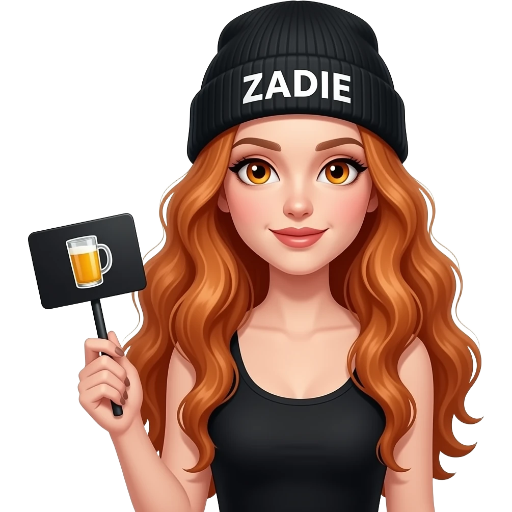 sexy girl with overlong wavy ginger hair and ginger eyes wearing a black tanktop and a black beanie with ZADIE written on it, is holding a black sign with 🍷 on it emoji