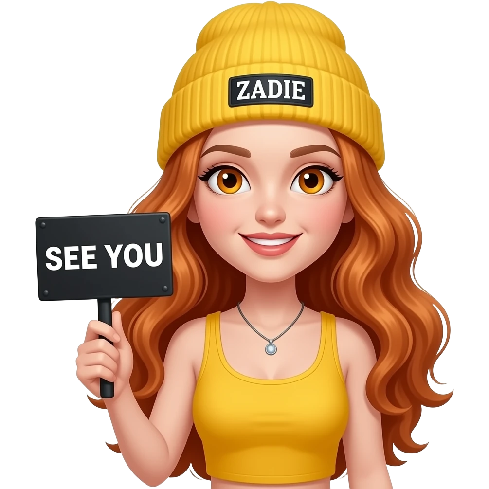 sexy girl with overlong wavy ginger hair and ginger eyes wearing a yellow tanktop and a yellow beanie with ZADIE written on it, is holding a black sign with just SEE YOU on it emoji