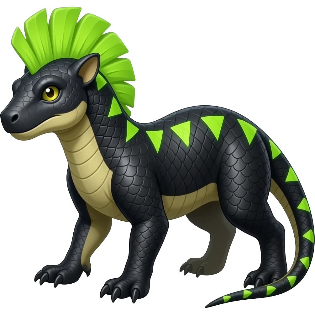 Cool edgy ancient black-scaled with neon-green triangular stripe markings digitigrade vintage futuristic raptorik fantasy-Cyberpunk-Steampunk-Solarpunk-Genesect-Salamence-Tyranitar-Brony-Vernid-Fionbri-Fakémon-animal-hybrid, with neon-green edgy feathery Mohawk, full body emoji