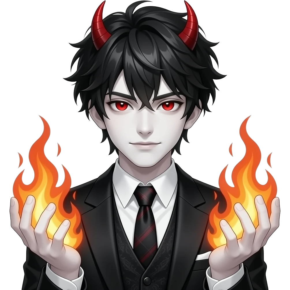 demonic young male with messy black hair, deathly white skin, a confident facial expression and bright red eyes, in a gothic-style suit and fire in his hands emoji