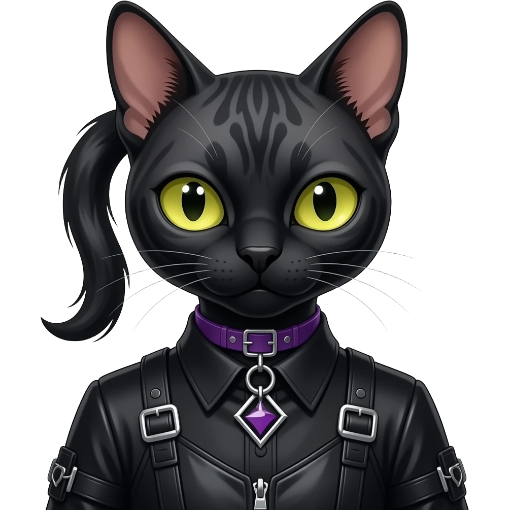 Gorgeous furry tomboy-hairstyles anthropomorphic digitigrade human-like gothic dark techwear anime style anthro black cat furry sona Fakemon with blushing face yellow-green eyes with ponytail, aesthetic and pretty edgy black with violet collar and harness trending style emoji