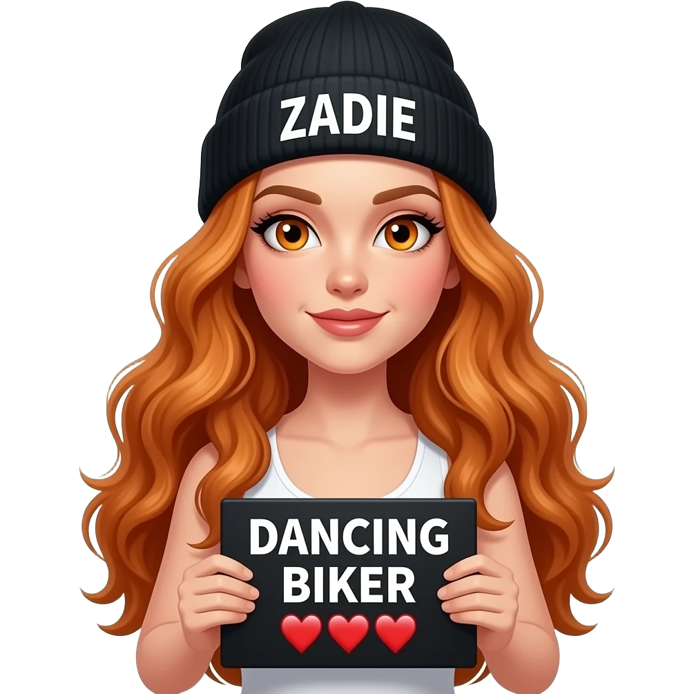 TEXT_sexy girl with overlong wavy ginger hair and ginger eyes wearing a white tanktop and a black beanie with ZADIE written on it, is holding a black sign with DANCING BIKER 🧡🧡🧡🧡🧡 written on it emoji