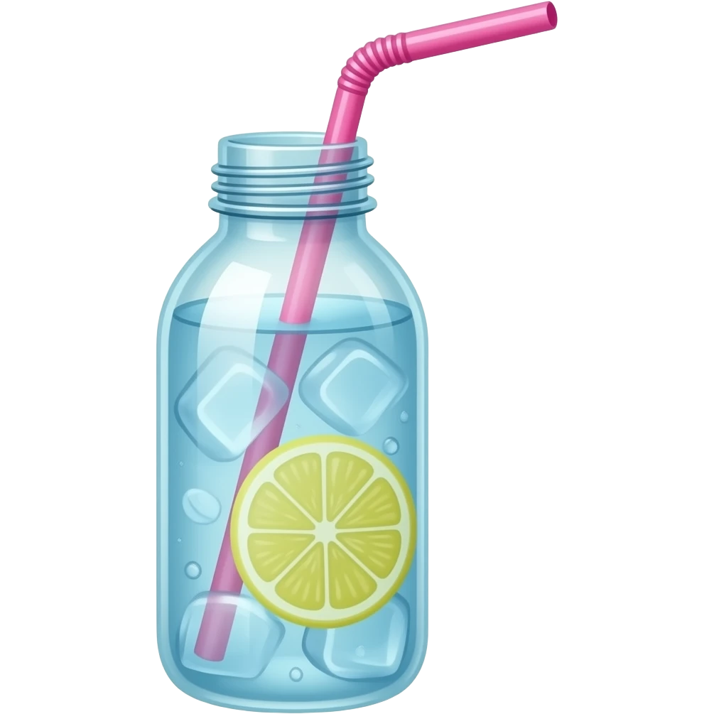 Pink water bottle with ice cold blue water with lemon slices and a pink straw. Realistic emoji