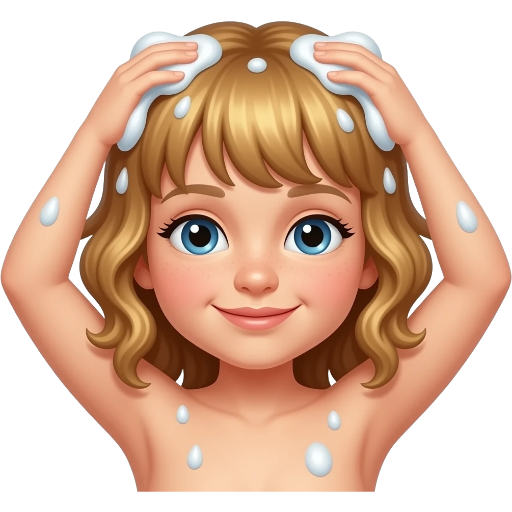 white kid  mid length hair to shoulders with bangs soft curly hair to shoulders in color: middle to little darker blond. shower her hair lather in hair with her hands emoji