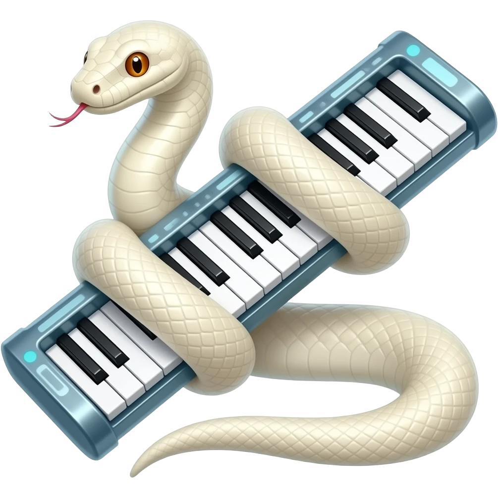 albino boa constrictor wrapped around futuristic tubular musical keyboards emoji