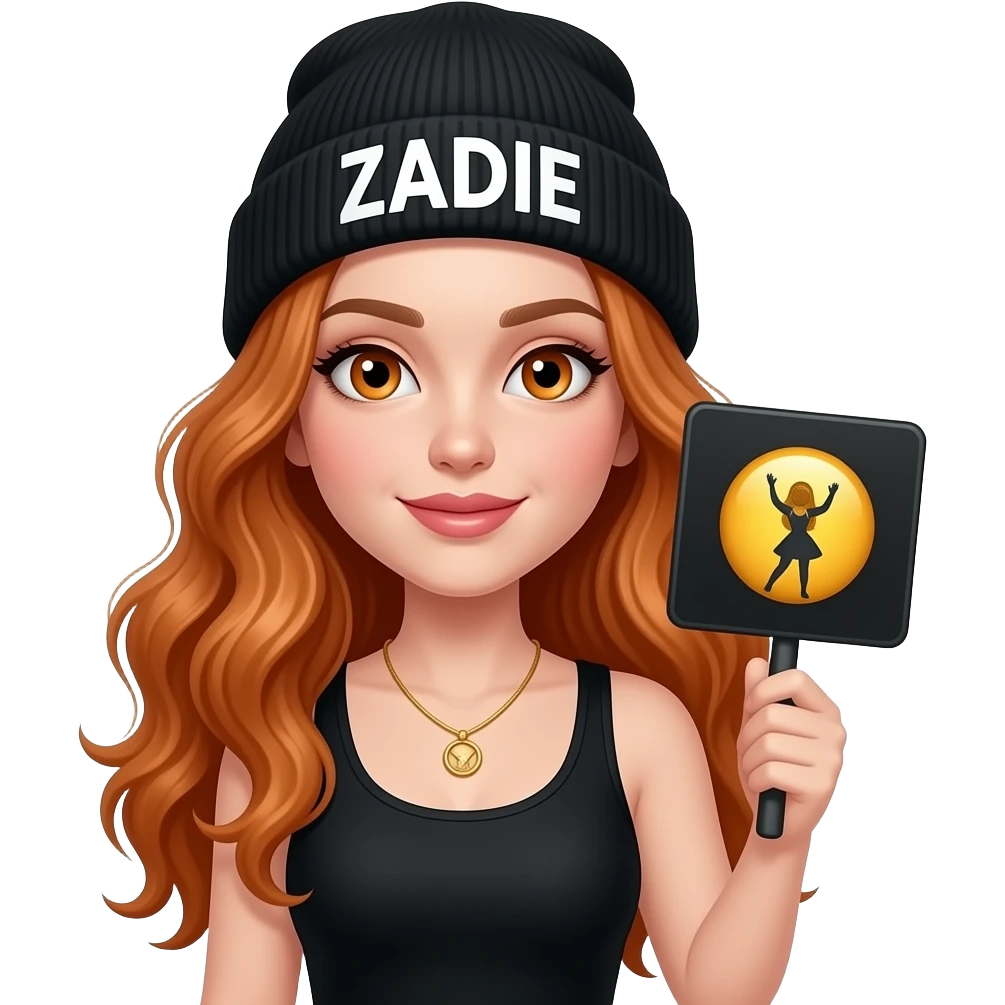 sexy girl with overlong wavy ginger hair and ginger eyes wearing a black tanktop and a black beanie with ZADIE written on it, is holding a black sign with 💃 on it emoji