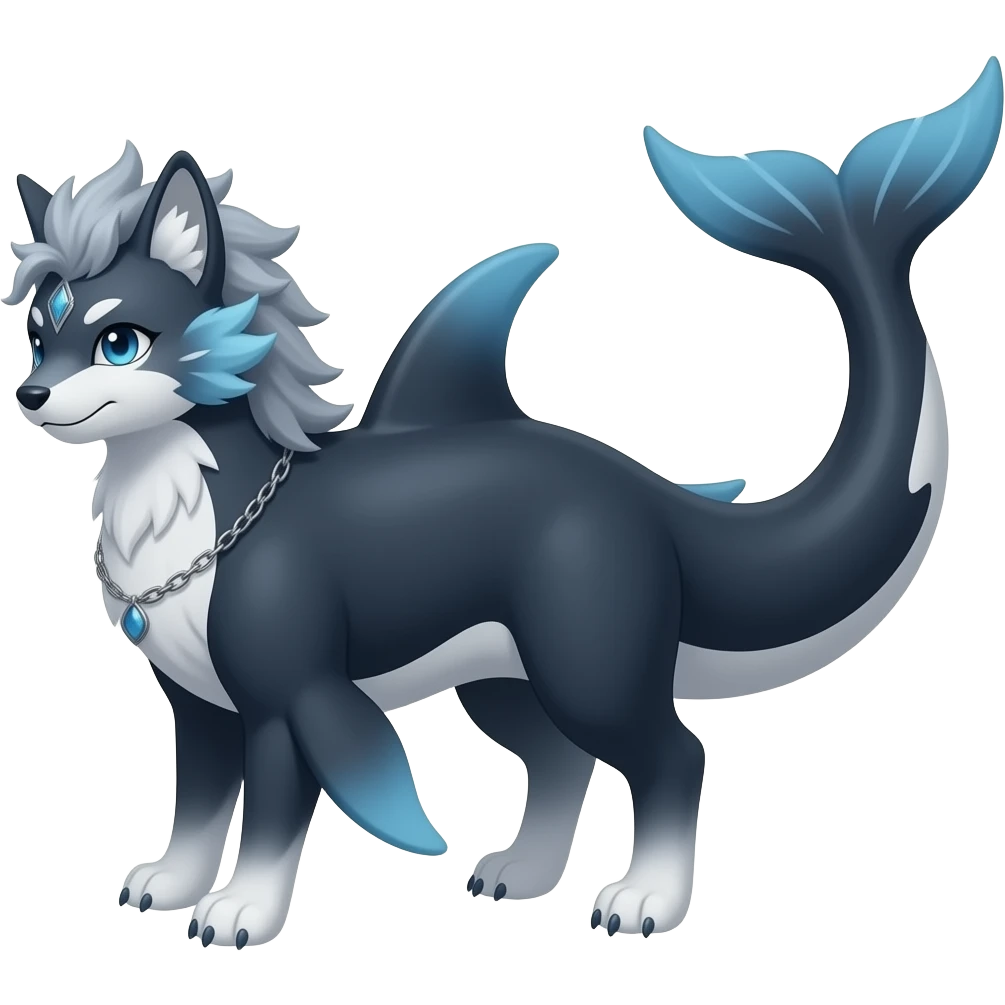 Bluish blackish whitish greyish gradients Absol-Amaura-Aurorus-Vulpix-hybrid with orca tail emoji