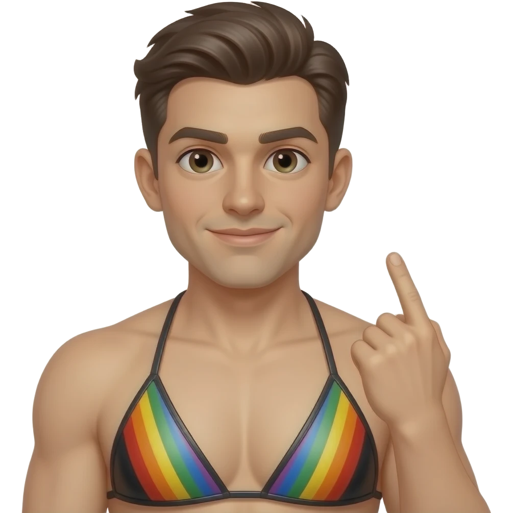 Gay dude in leather bikini rainbow fingering his other hand emoji