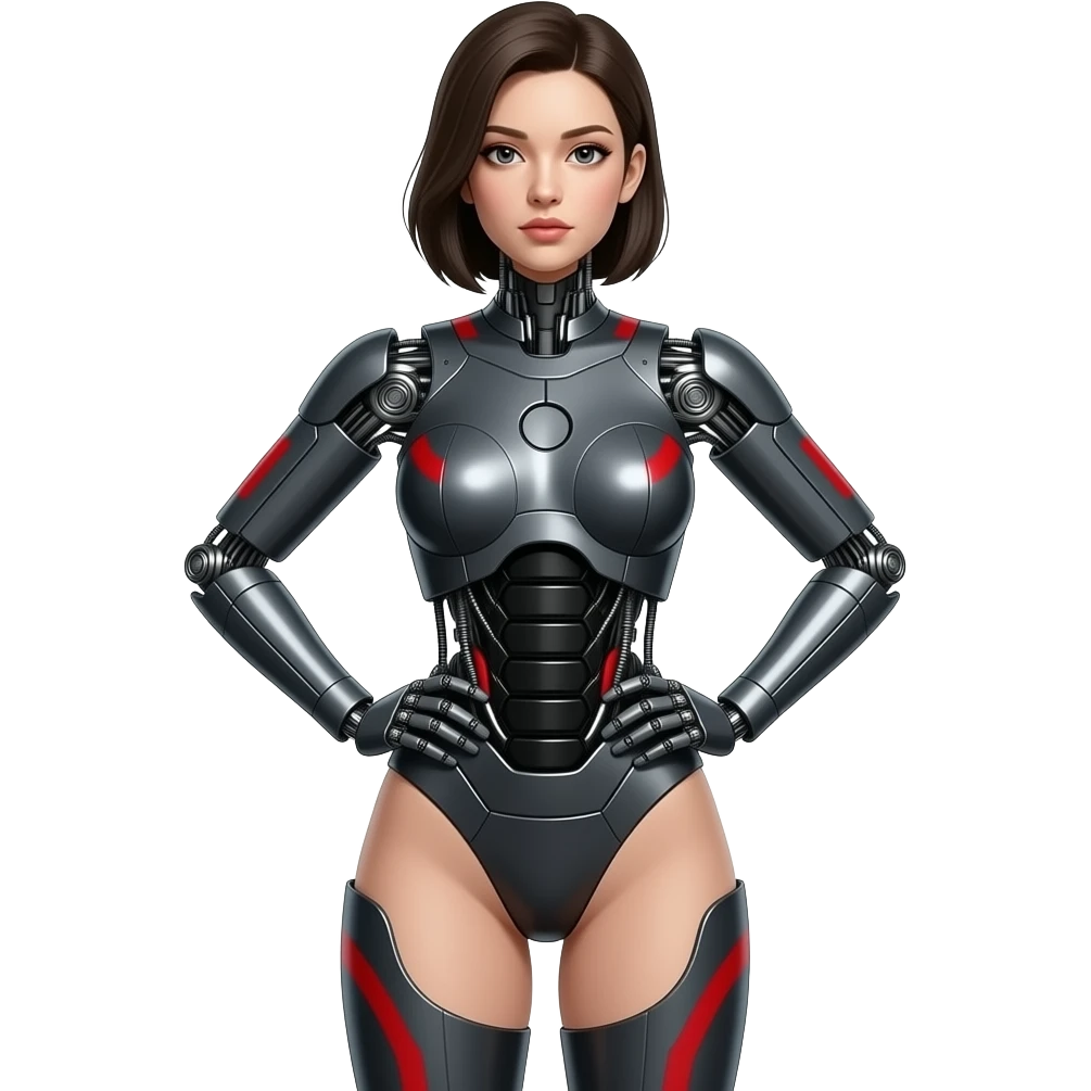A female robot made of dark gray steel with black and red markings doing a sexy pose, full body, entire body, no human skin, all steel, all metal, entire body, long shot, no cut off body parts, no human skin emoji