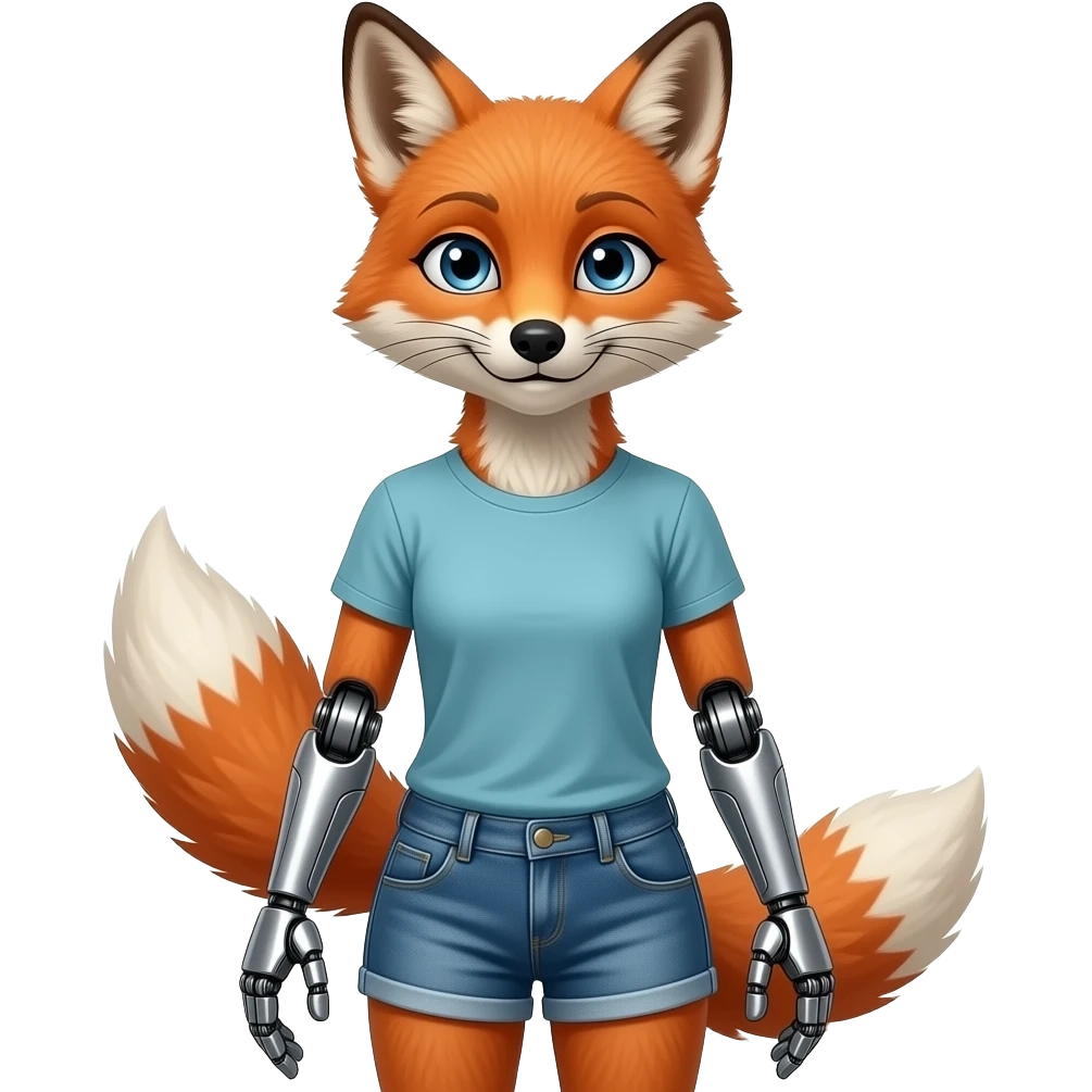 A humanoid robot female fox wearing a tee shirt and shorts emoji