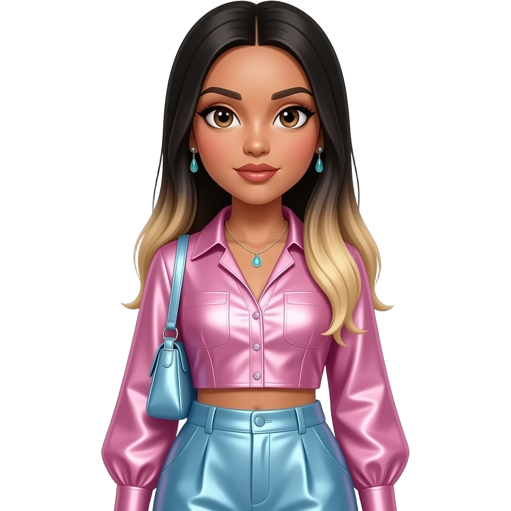 Ciara with dark brown eyes, long black straight hair with blonde ombre, pink metallic sweetheart blouse, periwinkle metallic baggy pants, necklace and earrings emoji