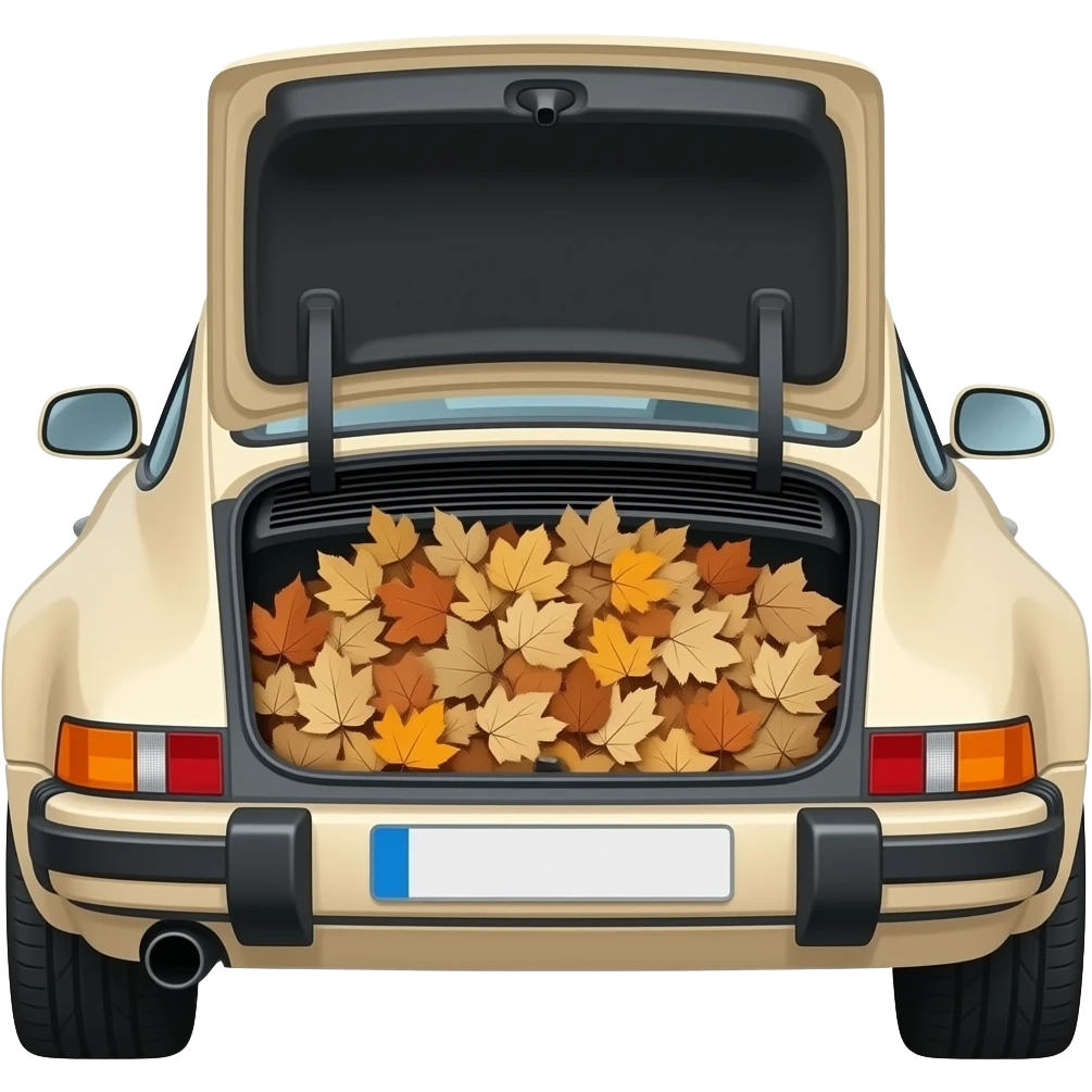 beige pastel porsche 911 car in the trunk very many beige and brown and orange autumn leaves emoji