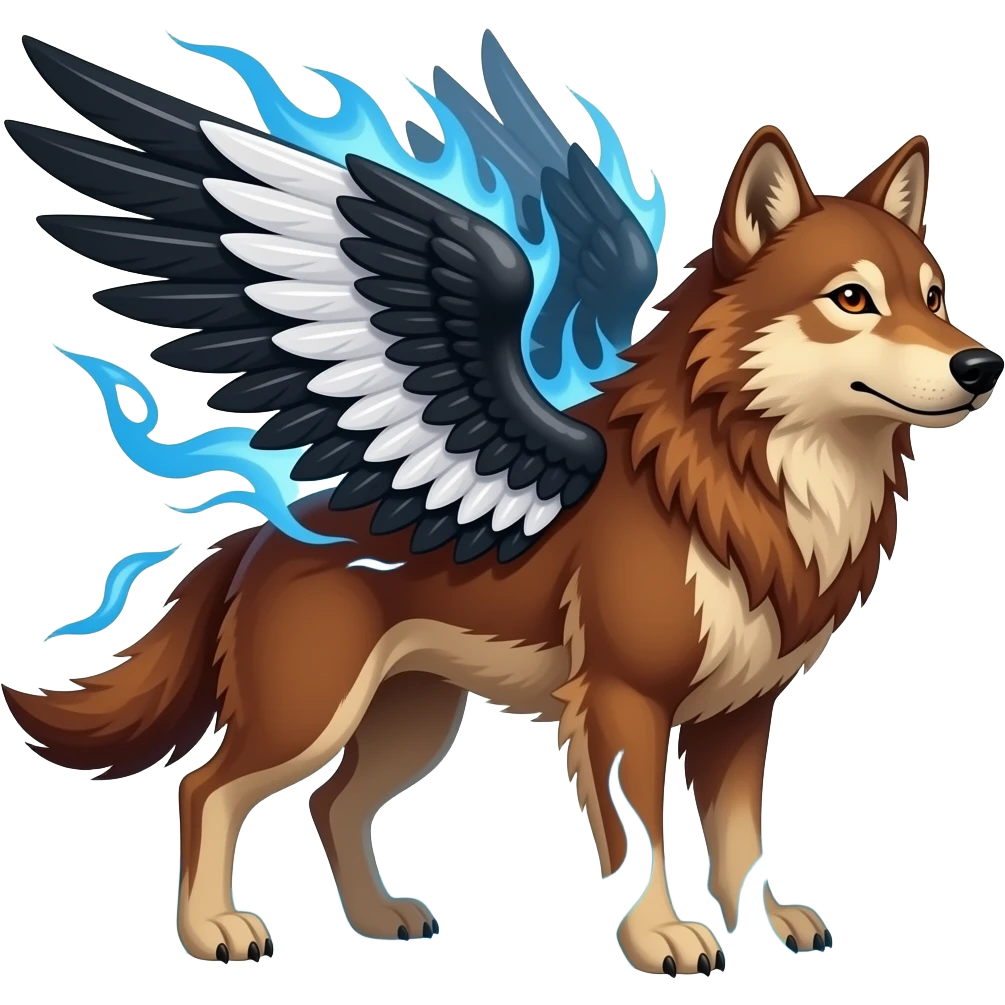 reddish brown wolf with orange eyes and with black, white, and blue wings.  with blue flames around its body emoji