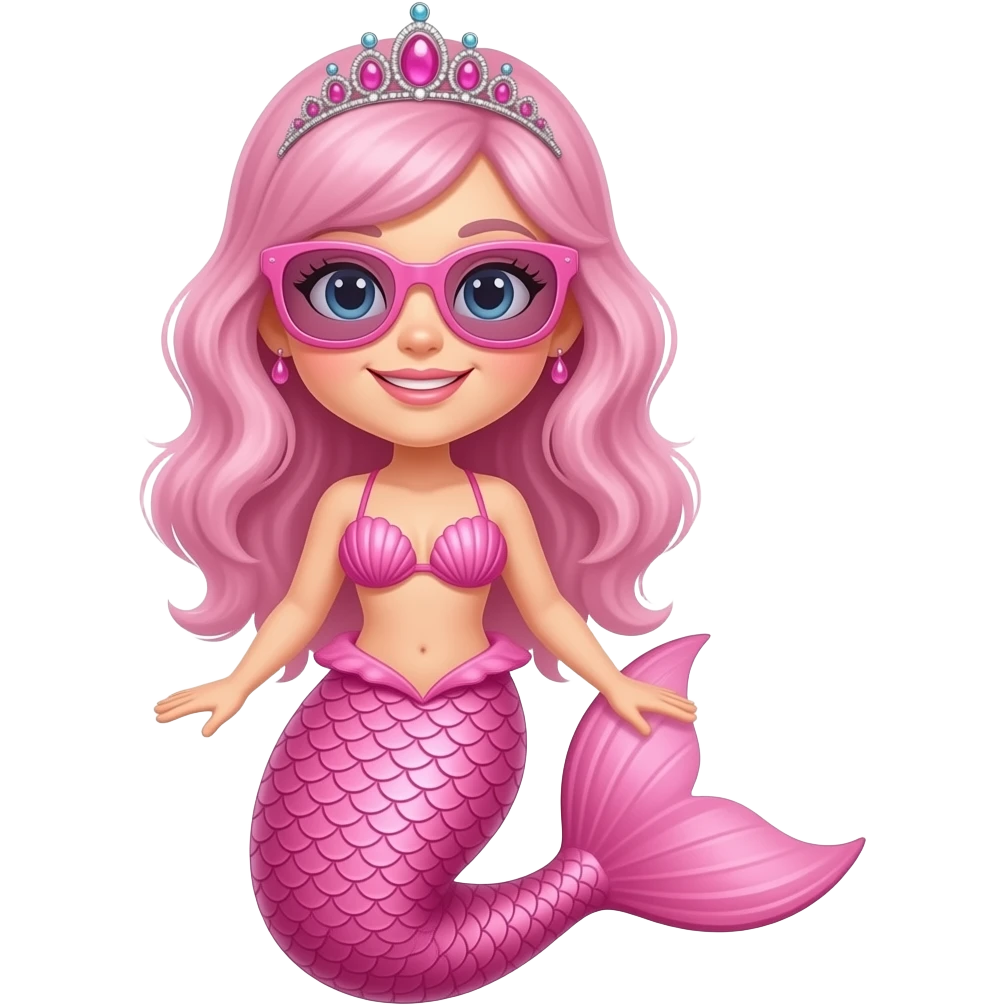 A mermaid wearing a pink sunglasses a pink mermaid tail a pink Seashell bikini and a pink tiara emoji