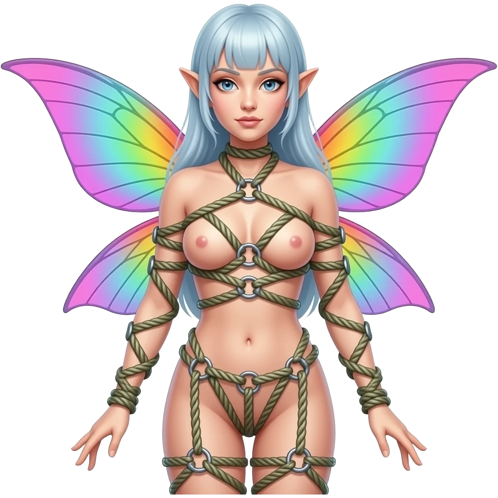 Submissive naked fairy in shibari rope body harness, full body. Rainbow fluo emoji