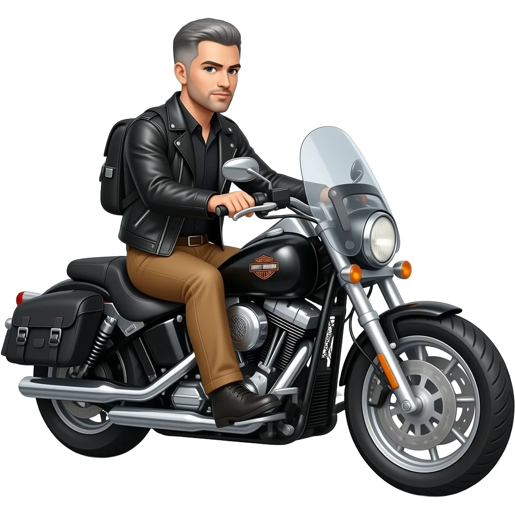 Black and gray short hair clean shaven man with no beard in black leather jacket and black shirt and tan pants riding on a harley with a windshield and saddlebags emoji