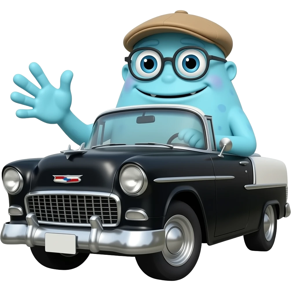 blue monster with flatcap and glasses driving black 1955 chevy 3/4 view emoji