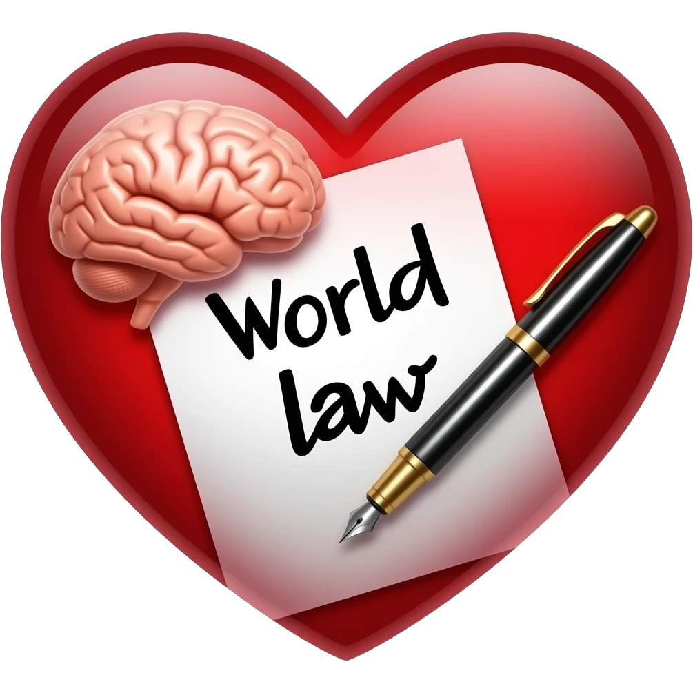 A heart with a brain and paper and pen in it with the world law written in it emoji