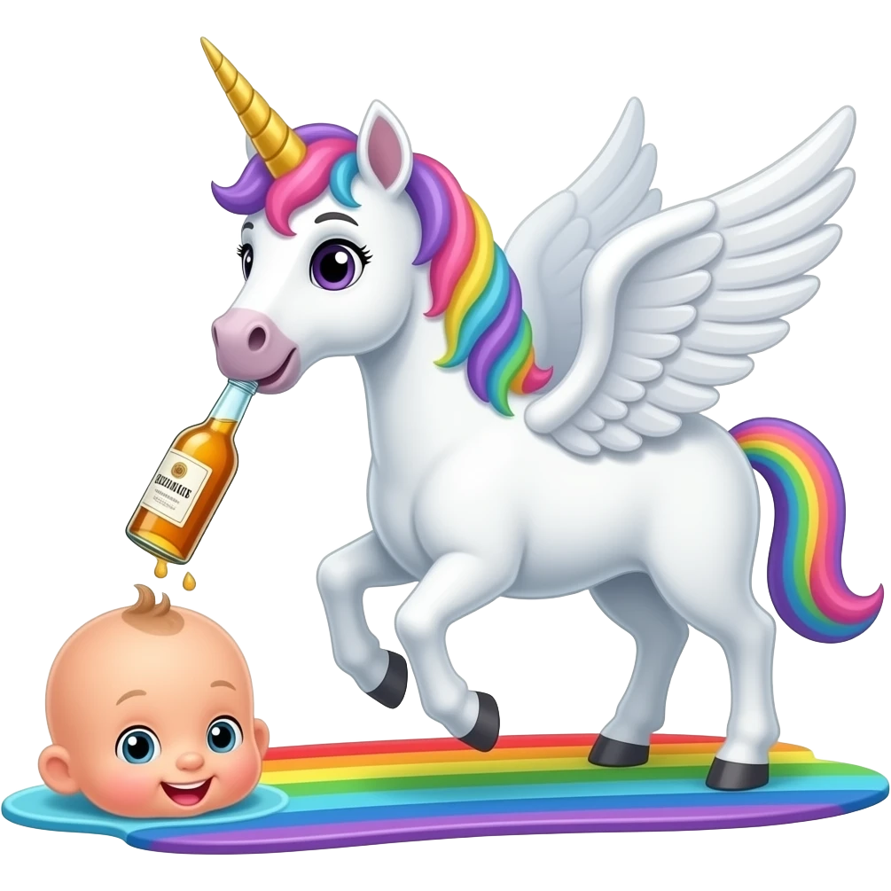 un unicornio con cabeza de bebe y cuerpo de caballo con alas tomando de un biberón que tenga alcohol y este resbalando por un archoiris con cabeza de bebe emoji