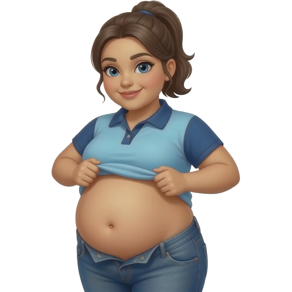 Obese Hispanic girl with brown ponytail blue eyes and light blue and dark blue polo dark blue baggy jeans lifting her shirt up showing her chubby belly button emoji