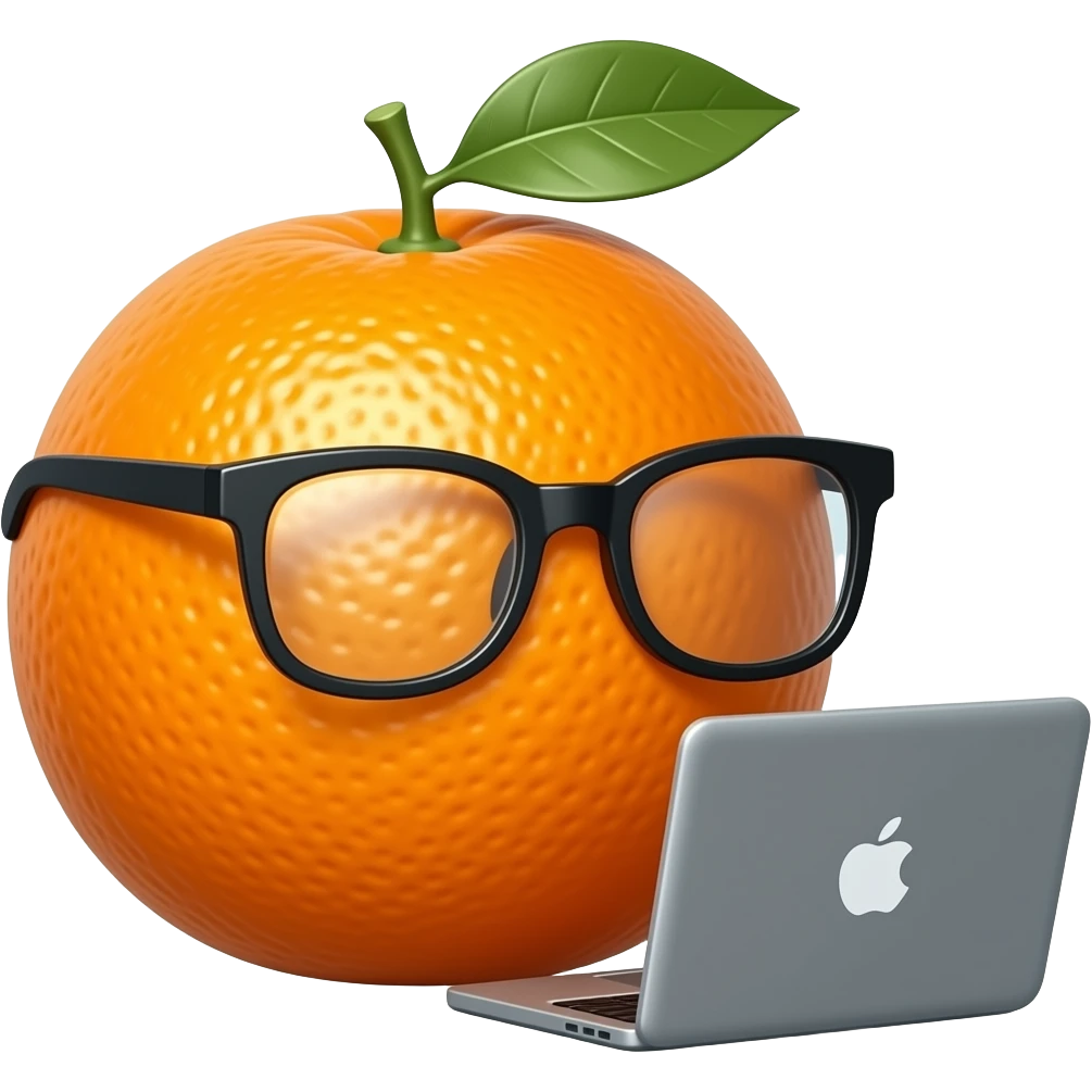 orange fruit wearing glasses and using a laptop, make the orange without any human face or traces emoji