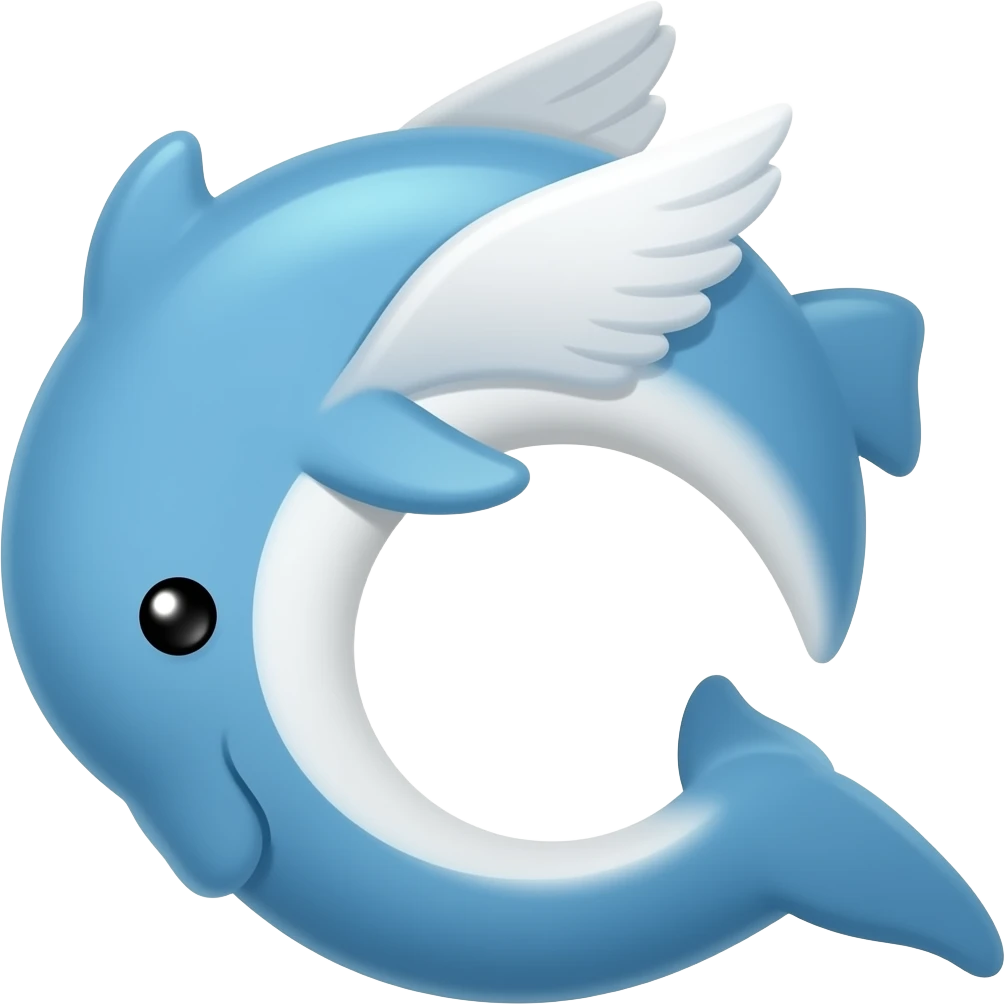 🐬thin dolphin emoji but with 2 white wings, blue, c shaped,2d, simple emoji