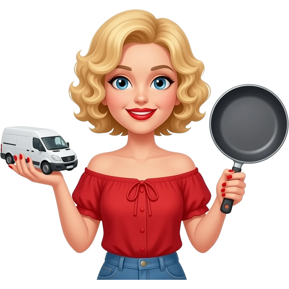 above neck Short blonde curly spiral hair in a red off the shoulder blouse, red lipstick, red fingernails holding a big Van in one hand and a pan in the other hand emoji