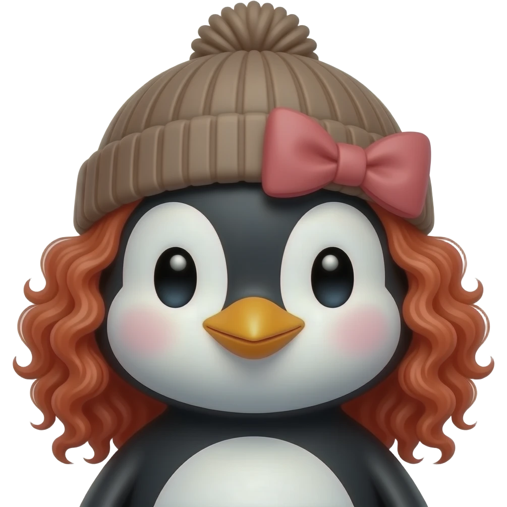 red curly haired penguin with a hairbow beanie, just face emoji