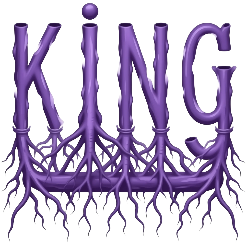كلمة باستخدام جذور بنفسجية اللون اكتب king_root جذر واحد لكل حرف واجعل الكلمه في سطر واحد ملتفا حولة من الأسفل جذور سوداء اللون emoji