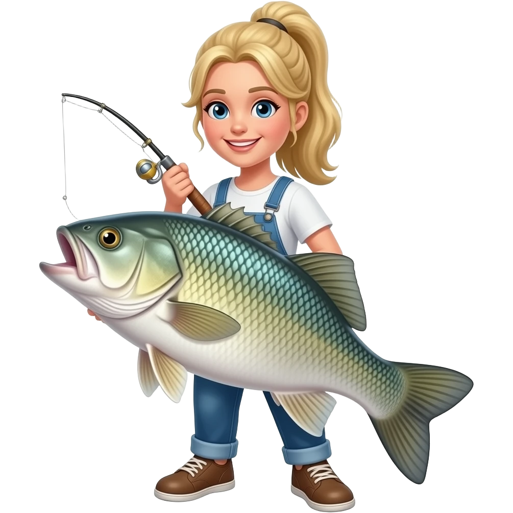 a blonde girl hook setting a big fish emoji