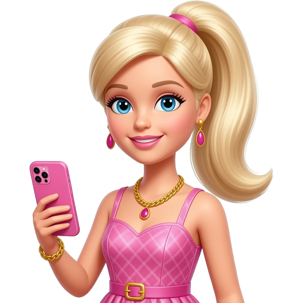 selfie a blonde Barbie with one pigtails, wearing a pink dress, holding a pink smartphone, and wearing gold jewelry emoji