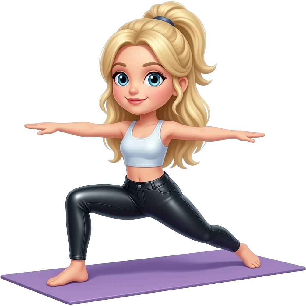 Blonde girl in shiny leather leggings doing yoga emoji