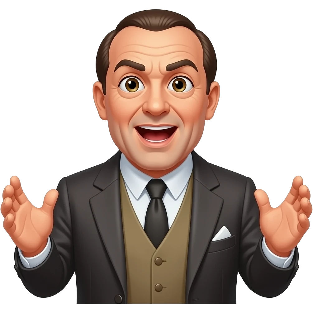 haz a Hercule Poirot como si fuese ha dar un discurso con la boca abierta y haciendo senyales con las manos como si hablase normal vale pero lo quiero de Hercule Poirot emoji