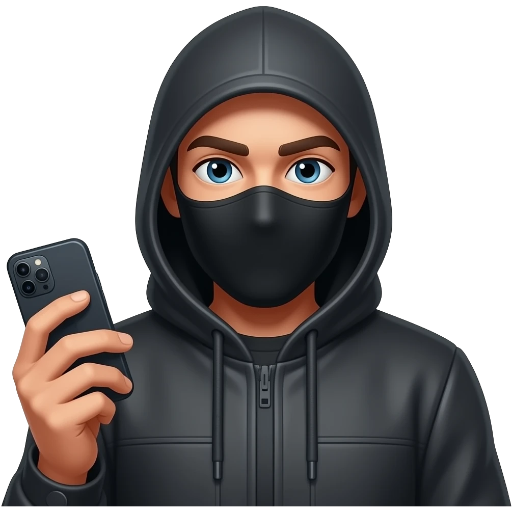 Мошенник с телефоном в маске emoji