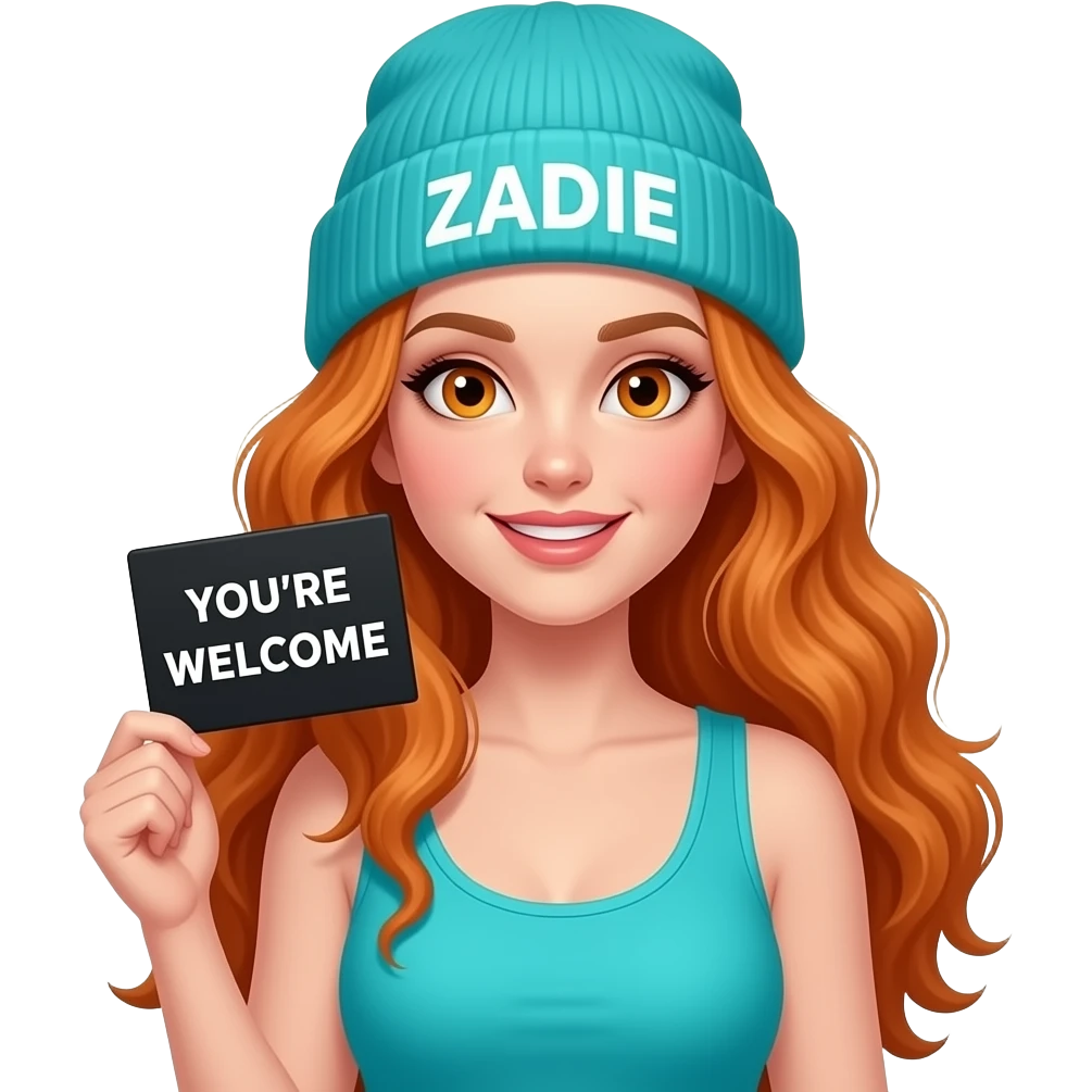 sexy girl with overlong wavy ginger hair and ginger eyes wearing a turquoise tanktop and a turquoise beanie with ZADIE written on it, is holding a black sign with YOU'RE WELCOME written on it emoji