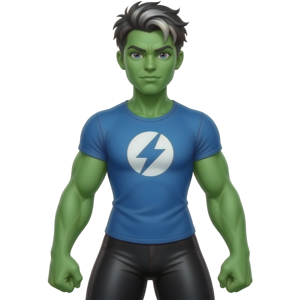 Full body Female green shehulk wearing blue outfit tshirt and tights with pixie mohawk hair emoji