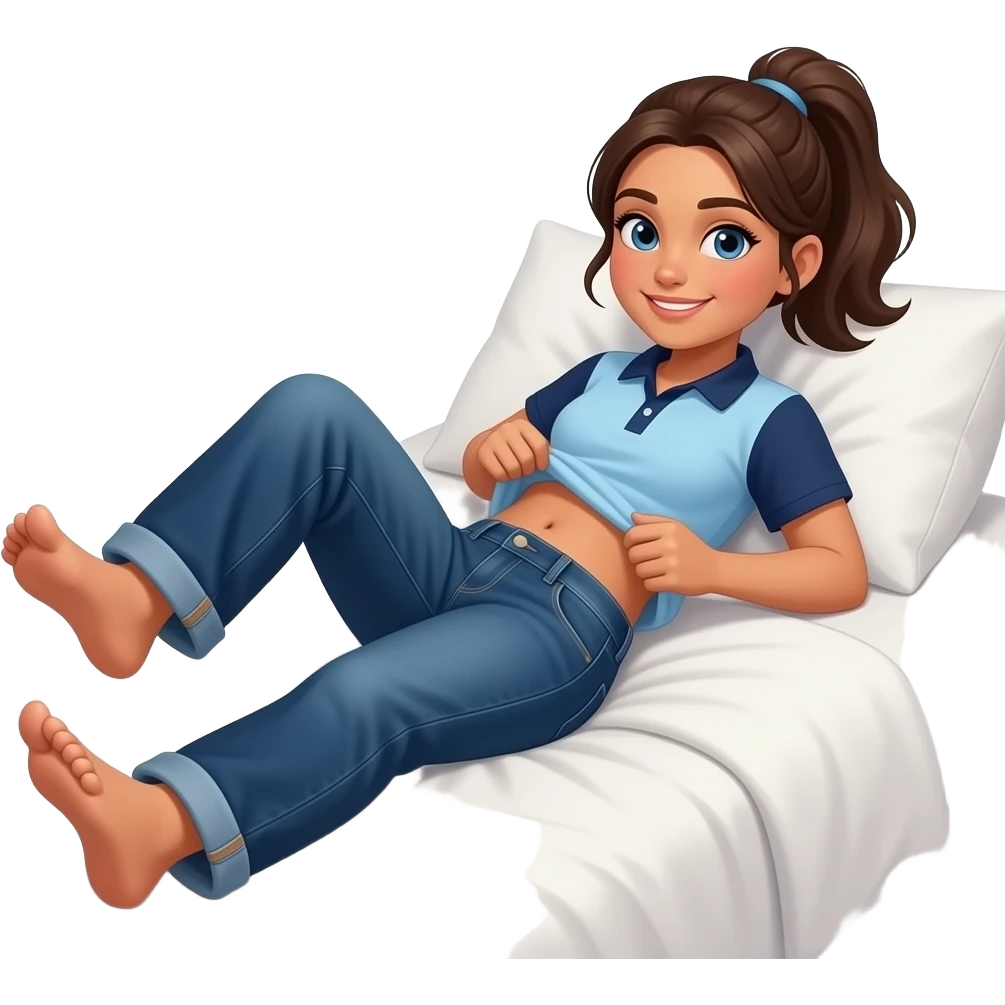 Hispanic girl with brown ponytail and blue eyes light blue and dark blue polo and dark blue baggy jeans and belly button laying down on her pillow on her bed showing her feet lifting her shirt emoji