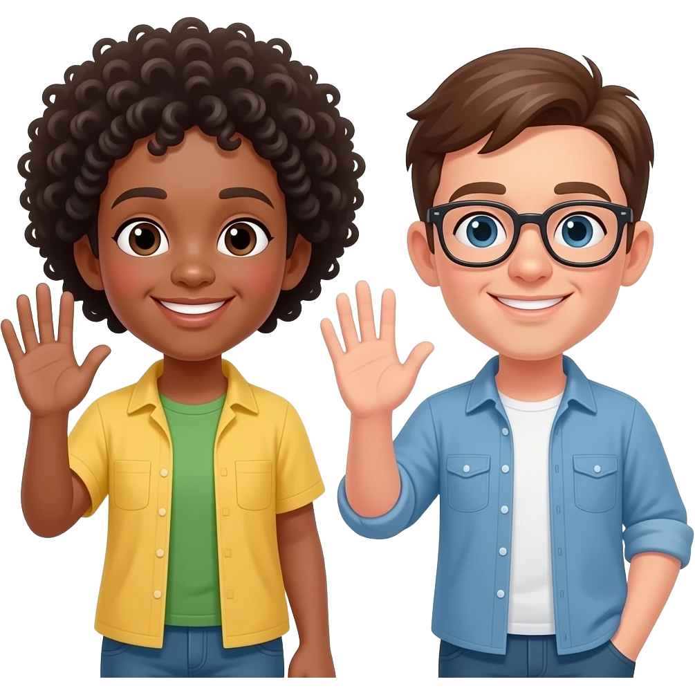 Freineds whith beown hair and one whith glasse waving to eachother emoji