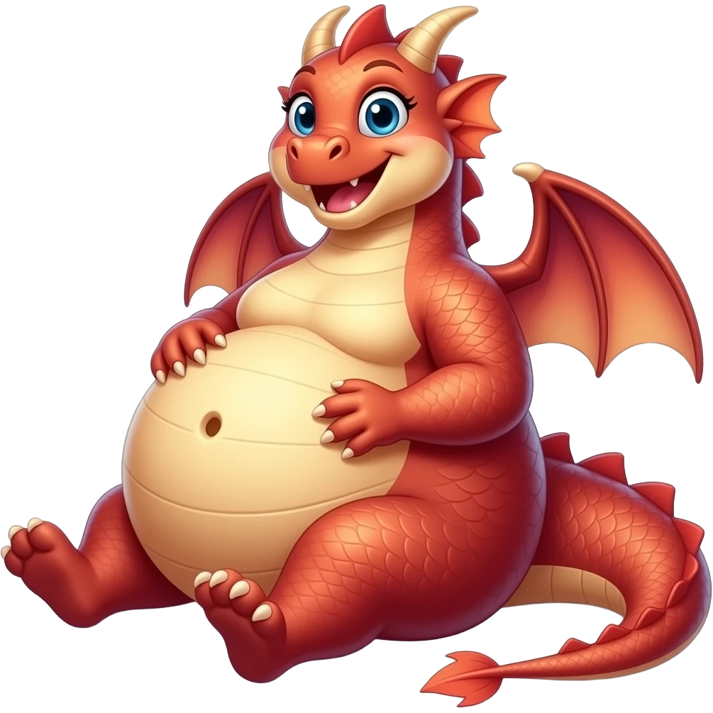 A lounging girl dragon,so fat & full that her heavy big round tummy looks pregnant,she is so bloated,how about a gentle tickle rub on her sensitive bellybutton to make her proudly giggle,what a fatty. emoji