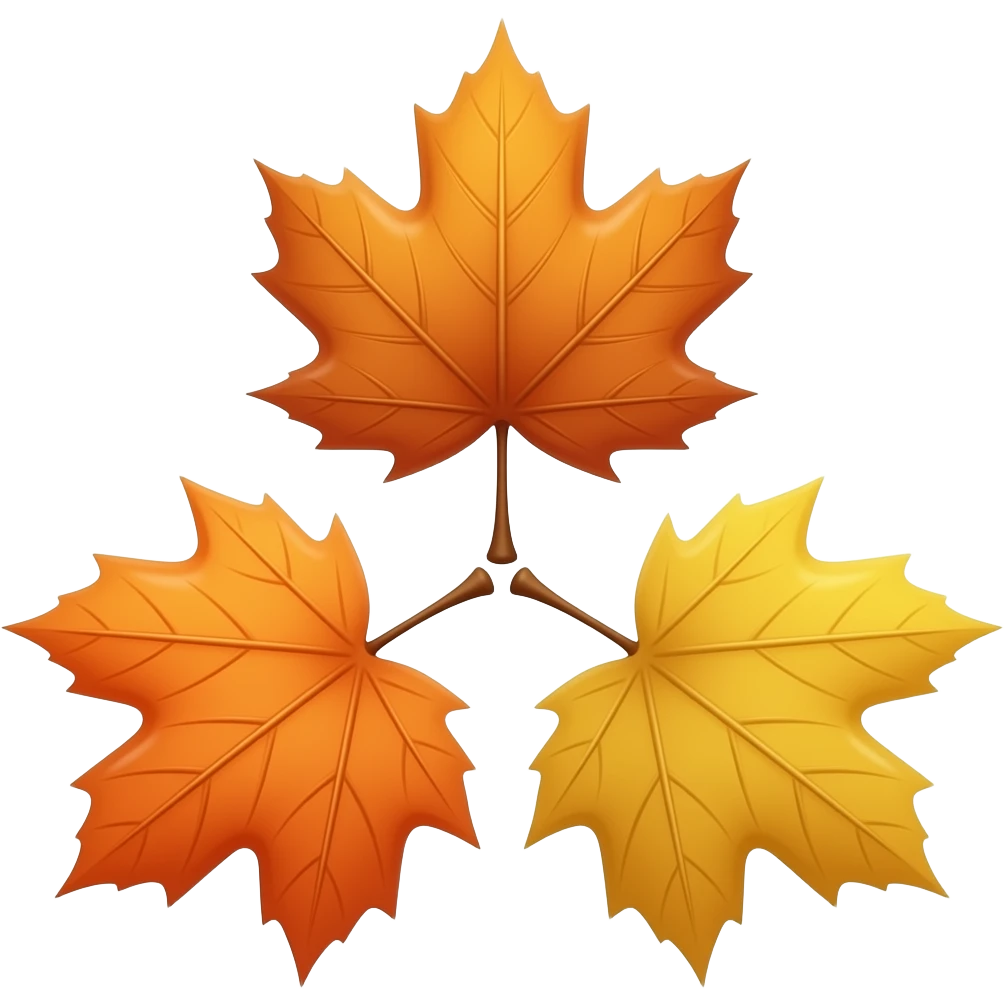 three maple leaves in shades of orange and yellow, arranged in a triangular formation against a white background. The leaves have prominent veins and a glossy finish, with their stems meeting at a central point. emoji