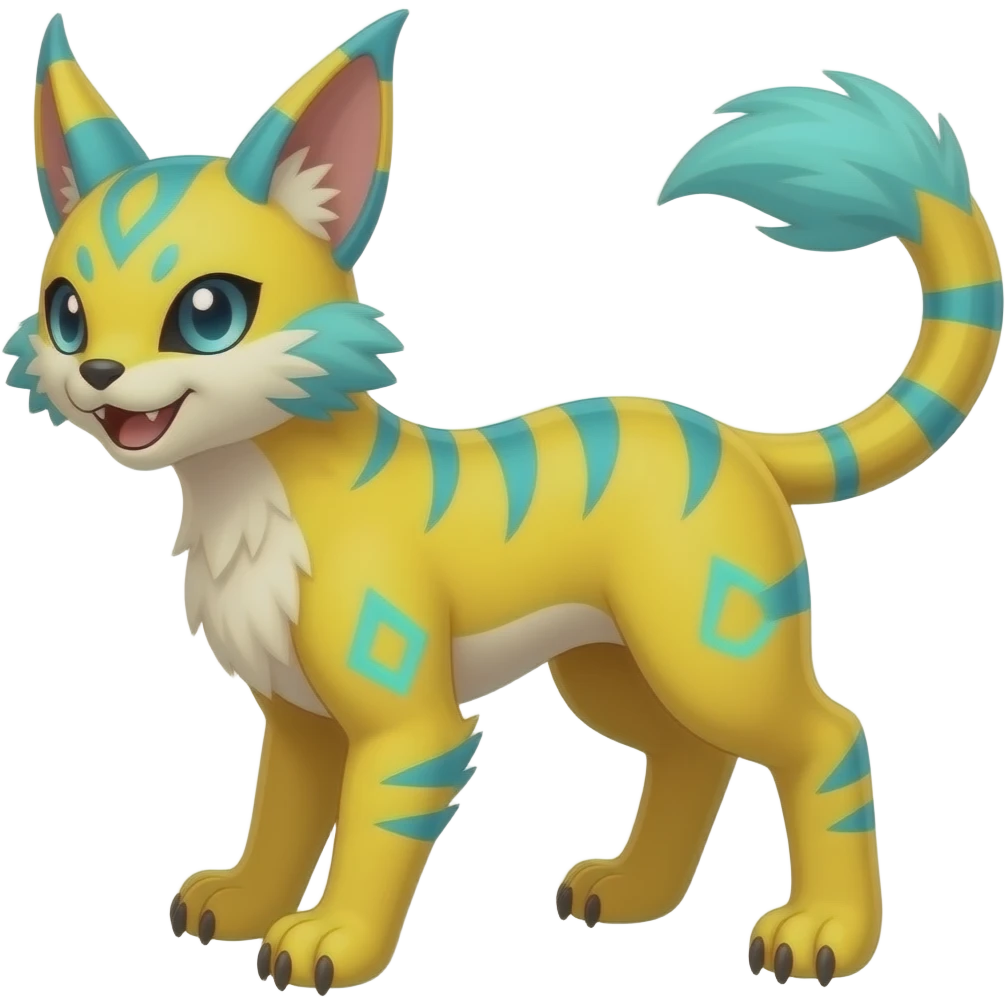 Yellow Renamon-Zeraora-Genet-Civet-caracal-Fennekin-Manectric-Vaporeon-Fakémon-hybrid with glowing neon cyan markings emoji