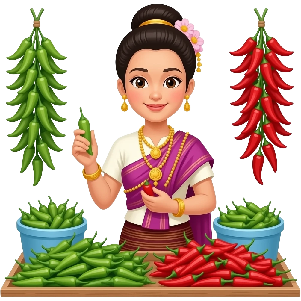 A Thai beautiful woman is selling green and red Thai chili peppers at the market emoji