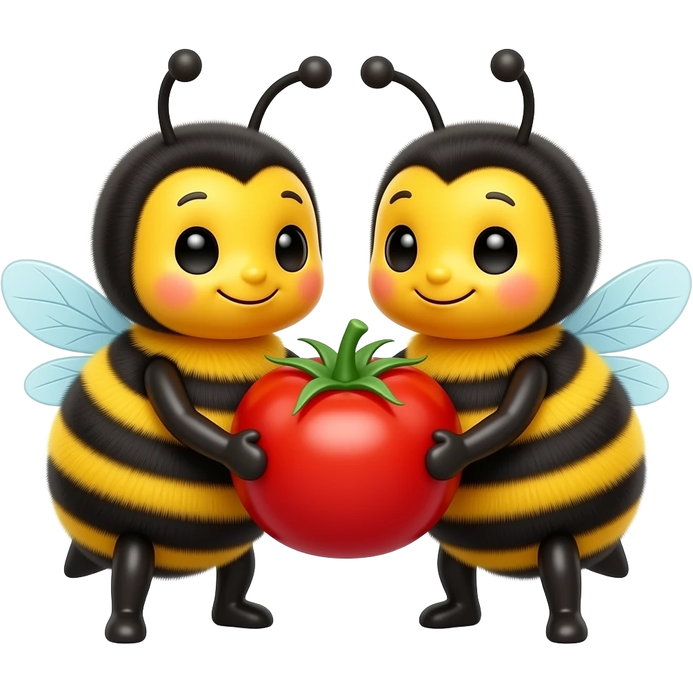 two cute bumblebees holding a cherry tomato together emoji