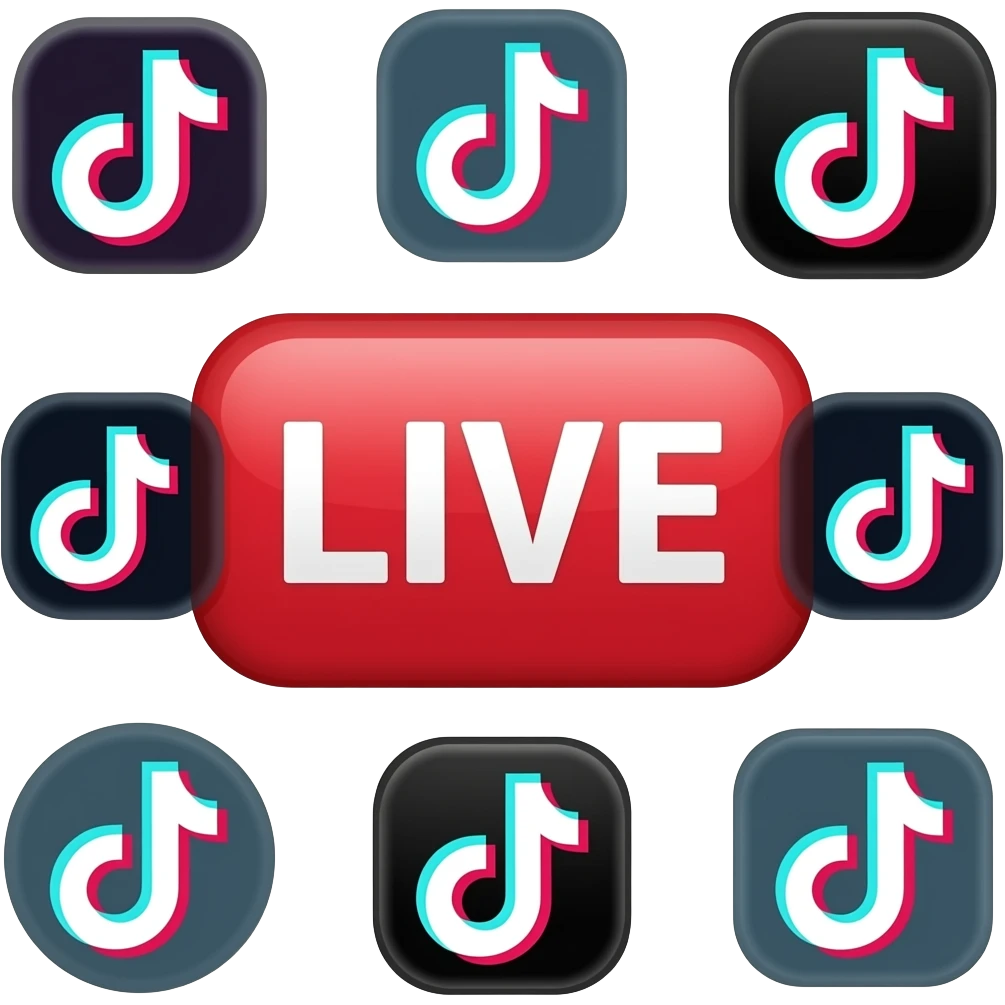 A rectangular 3D red "LIVE" button with irregularly arranged TikTok logos around it. emoji