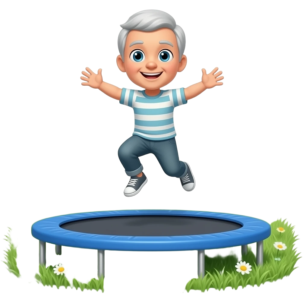 Trampolin mit Springer auf grüner Wiese Haare ganz kurz und grau emoji