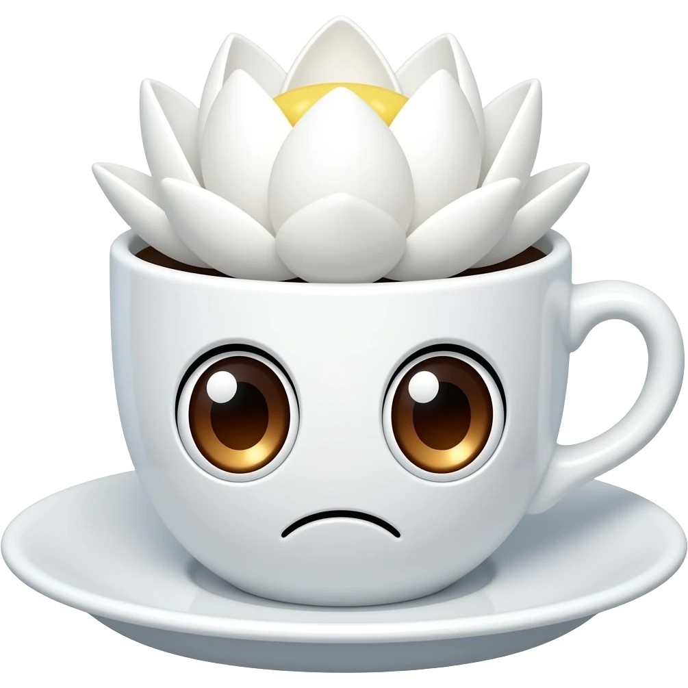 uncertain expressionface with big, glistening anime eyes shaped eyeson cup and saucer  coffee emoji emerging from White Lotus emoji