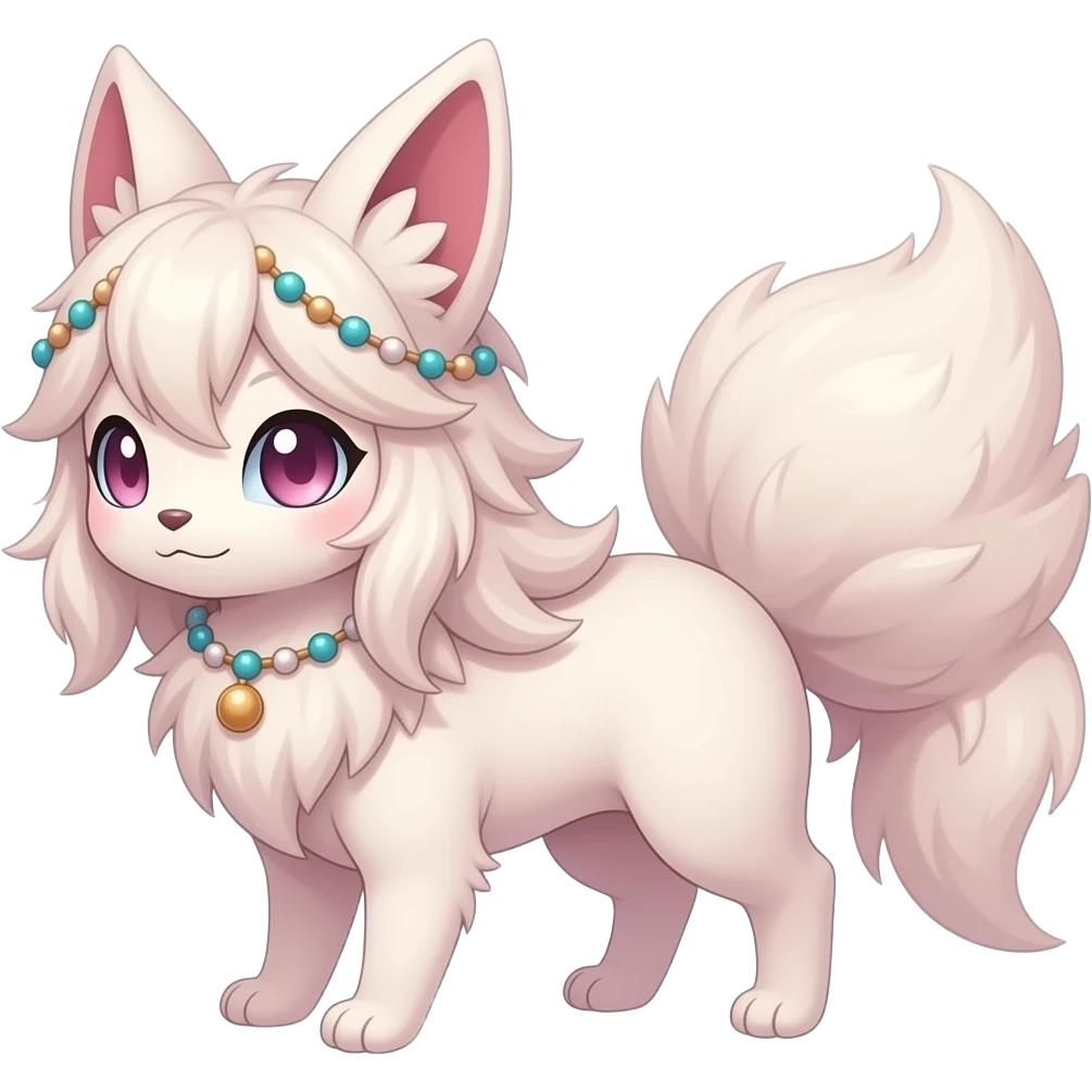 Fuzzy slim oriental feathery long-haired beaded mane cozy rosy aesthetic feathery Rosy beautiful Sylveon-Furret-Minccino-Espeon-Fakémon-hybrid emoji