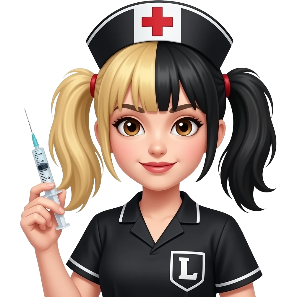 Punk Ska nurse girl with hypodermic needle with half blonde half black hair in pigtails with a letter L patch on black scrubs and brown eyes emoji